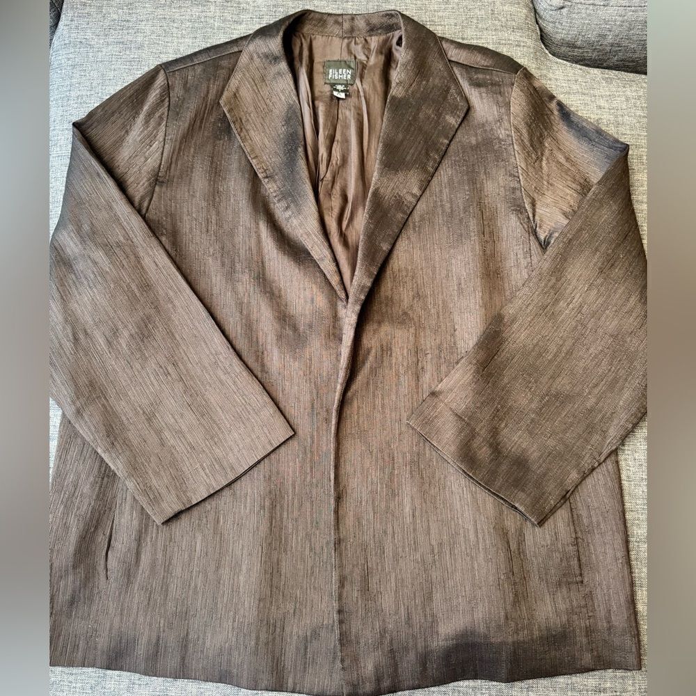 EILEEN FISHER Silk Blend Brown Metallic Open Front Crepe Blazer Jacket Sz L - Picture 9 of 12